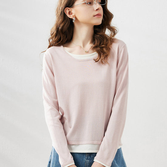 COMOBOCA Pink Women's Layered Round Neck Knit Sweater