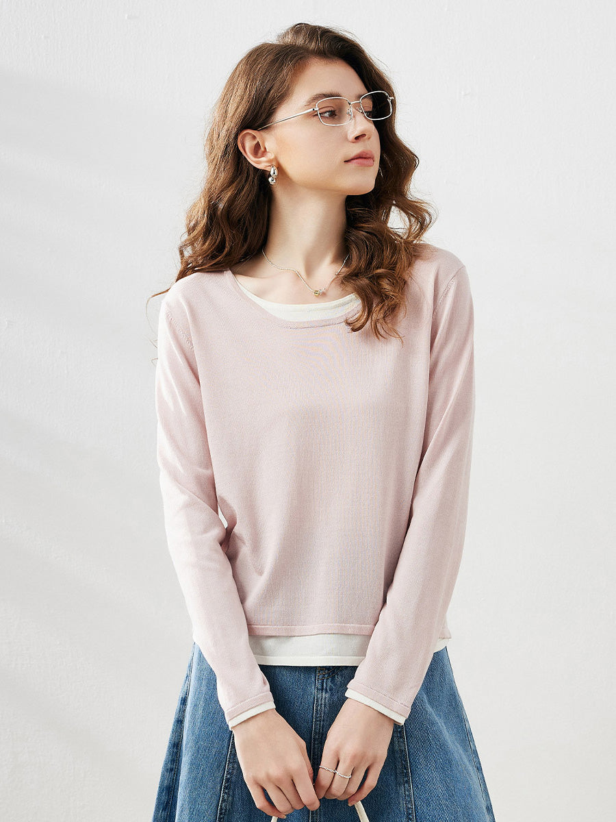 COMOBOCA Pink Women's Layered Round Neck Knit Sweater
