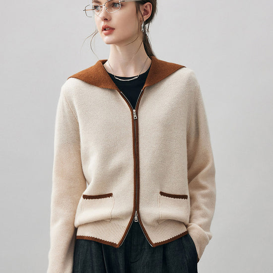 COMOBOCA Beige 100% Cashmere Women's Contrast Collar Double Zip Cardigan