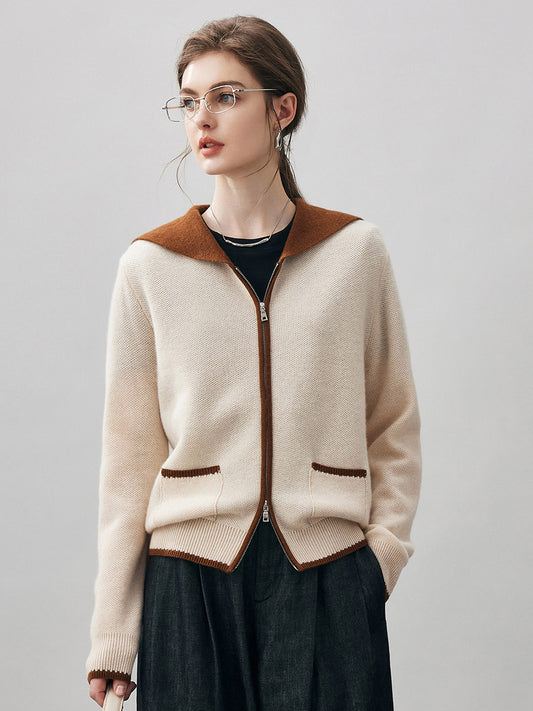 COMOBOCA Beige 100% Cashmere Women's Contrast Collar Double Zip Cardigan