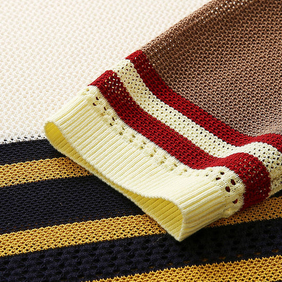 COMOBOCA Women's Multi Striped Mesh Knit Round Neck Sweater