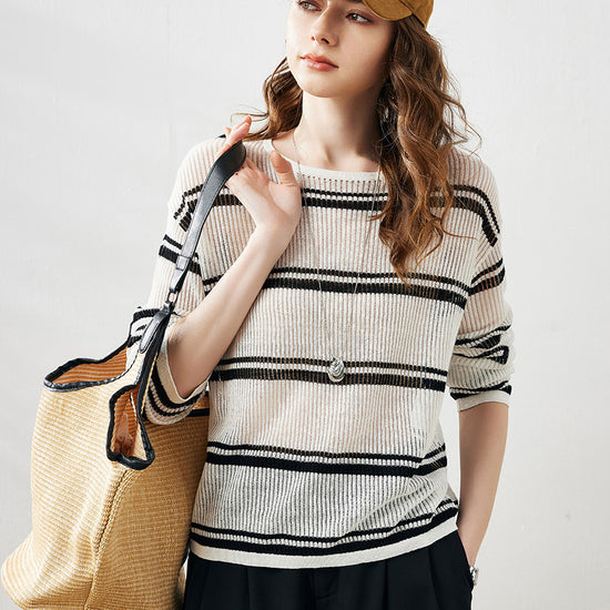 COMOBOCA Cloudy Women's Striped Ribbed Round Neck Sweater