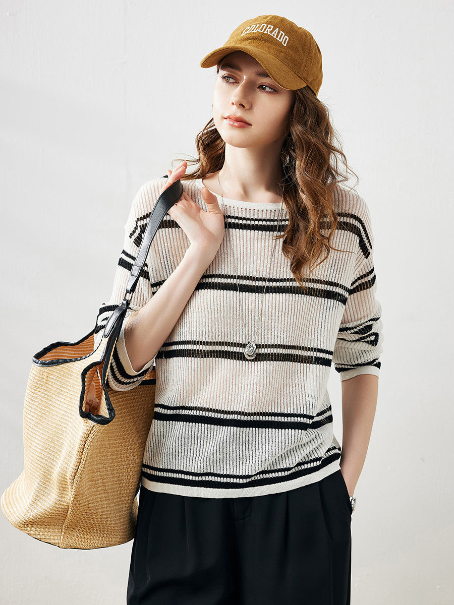 COMOBOCA Cloudy Women's Striped Ribbed Round Neck Sweater