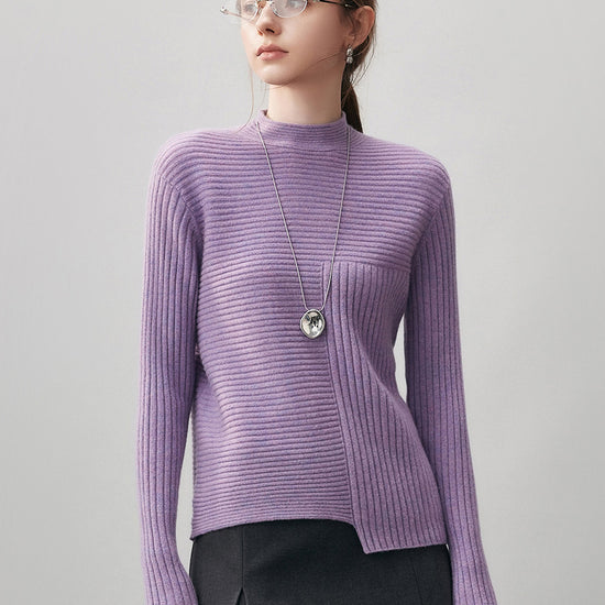 COMOBOCA 100% Cashmere Women's Asymmetric Ribbed Mock Neck Sweater