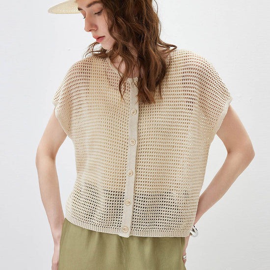 COMOBOCA Beige Women's Openwork Mesh Knit Button Front Top