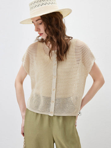 COMOBOCA Beige Women's Openwork Mesh Knit Button Front Top