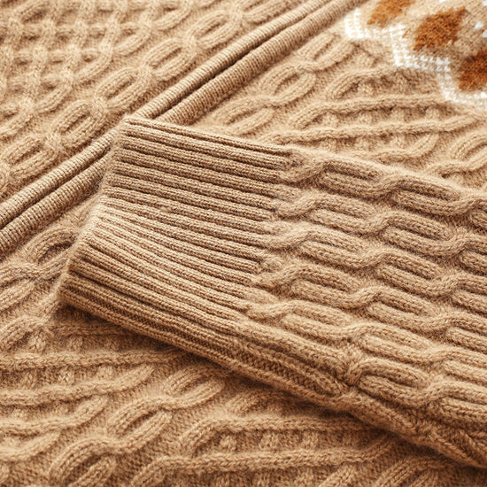 COMOBOCA 100% Wool Women's Fair Isle Zip Up Cable Knit Cardigan