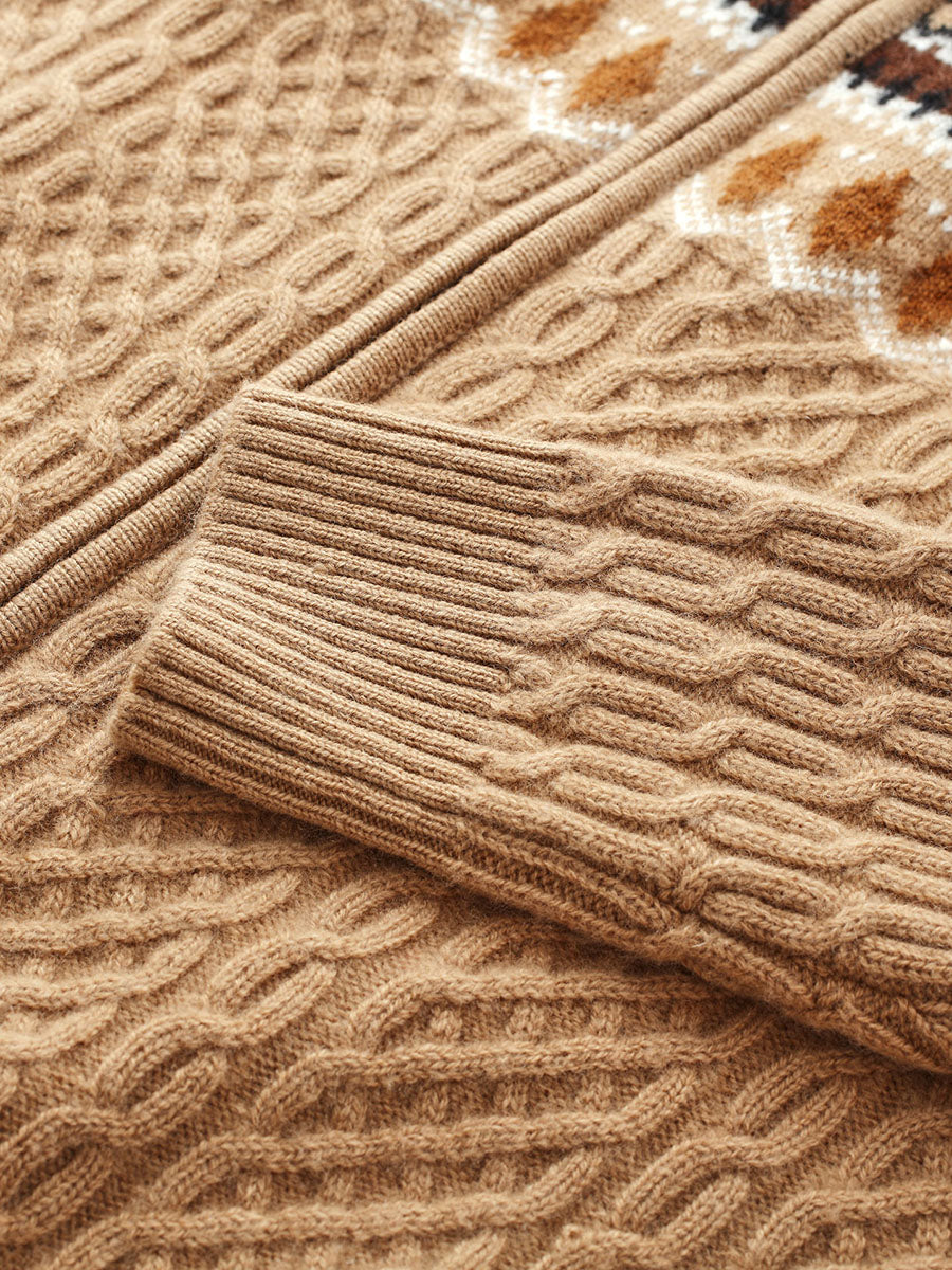 COMOBOCA 100% Wool Women's Fair Isle Zip Up Cable Knit Cardigan