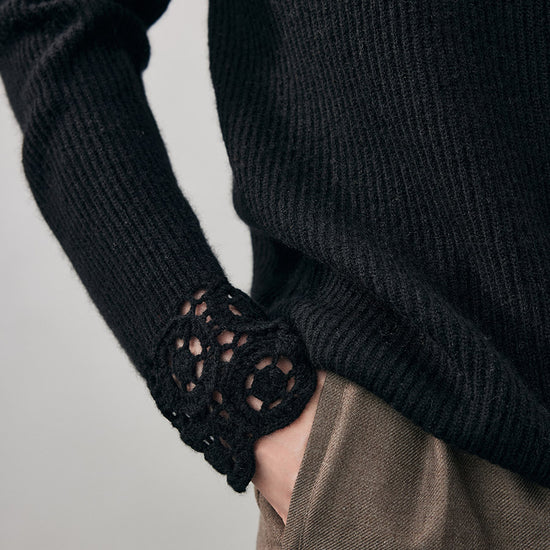 COMOBOCA 100% Cashmere Women's Ribbed Crochet Lace Cuffs Sweater