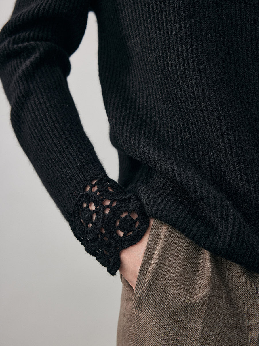 COMOBOCA 100% Cashmere Women's Ribbed Crochet Lace Cuffs Sweater