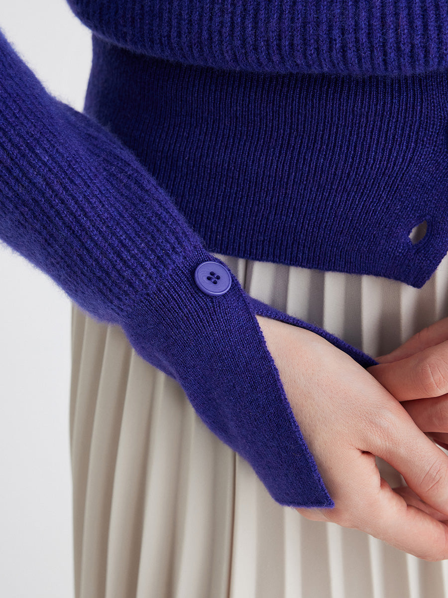 COMOBOCA 100% Cashmere Women's Round Neck Button Ribbed Knit Sweater