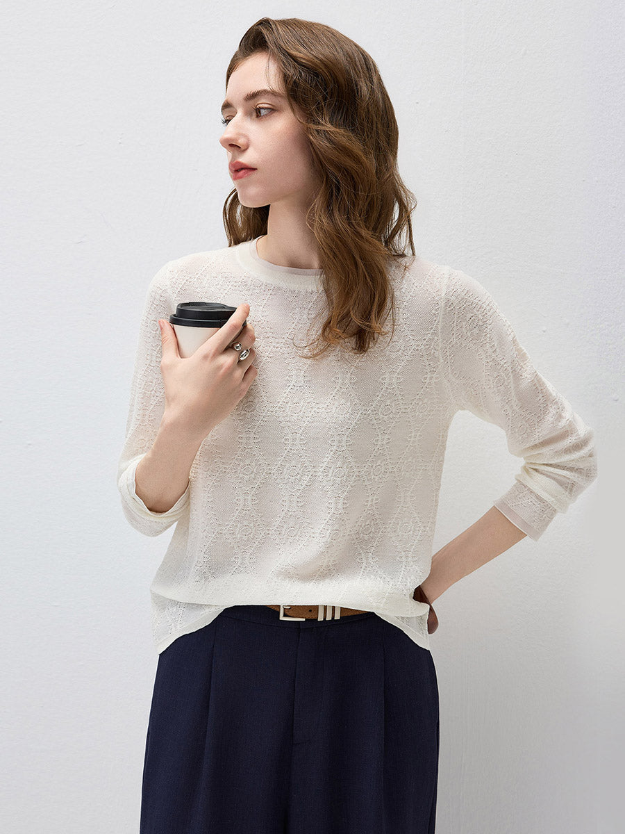 COMOBOCA Women's Textured Sheer Knit Round Neck Sweater