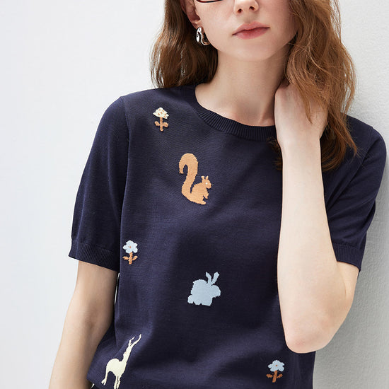 COMOBOCA Women's Forest Animal Intarsia Knit T-Shirt