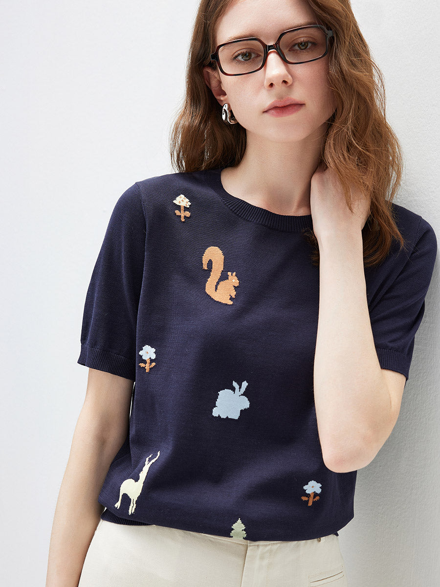 COMOBOCA Women's Forest Animal Intarsia Knit T-Shirt