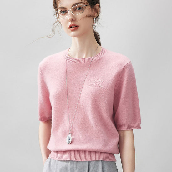 COMOBOCA 100% Cashmere Women's Embroidered Logo Short Sleeve Sweater