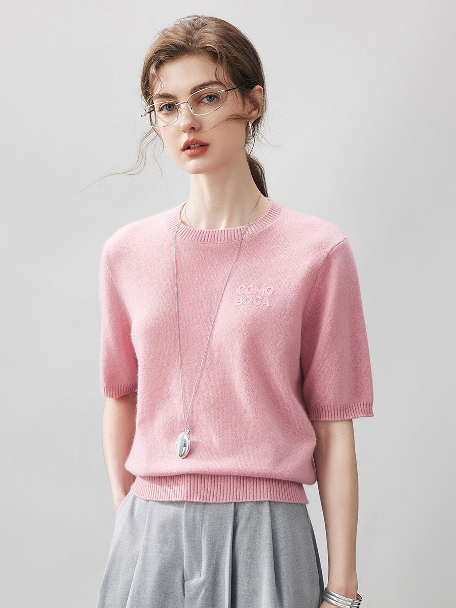 COMOBOCA 100% Cashmere Women's Embroidered Logo Short Sleeve Sweater