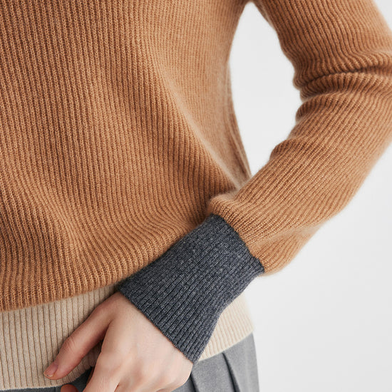 COMOBOCA 100% Cashmere Women's Color Block Ribbed Knit Sweater