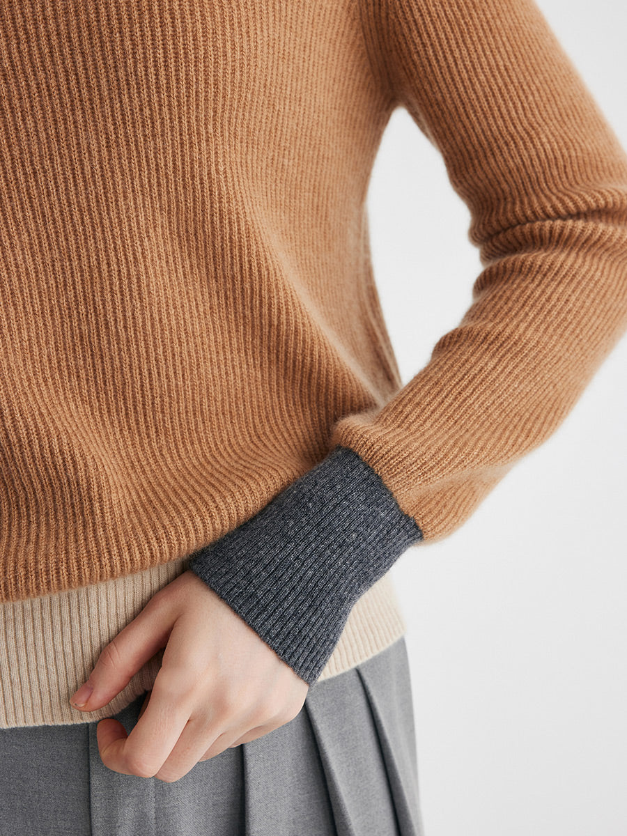 COMOBOCA 100% Cashmere Women's Color Block Ribbed Knit Sweater