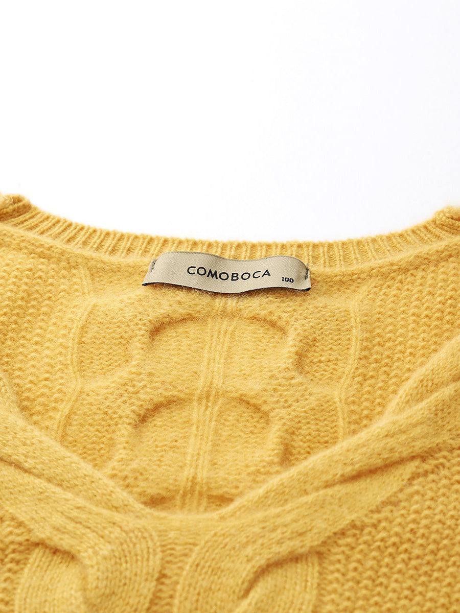 COMOBOCA 100% Cashmere Women's Cable Knit V-Neck Sweater