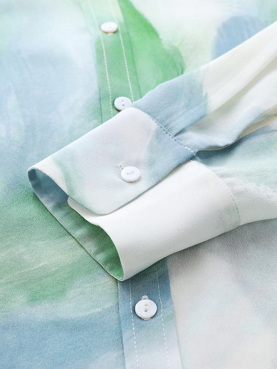 COMOBOCA 100% Mulberry Silk Women's Watercolor Print Shirt