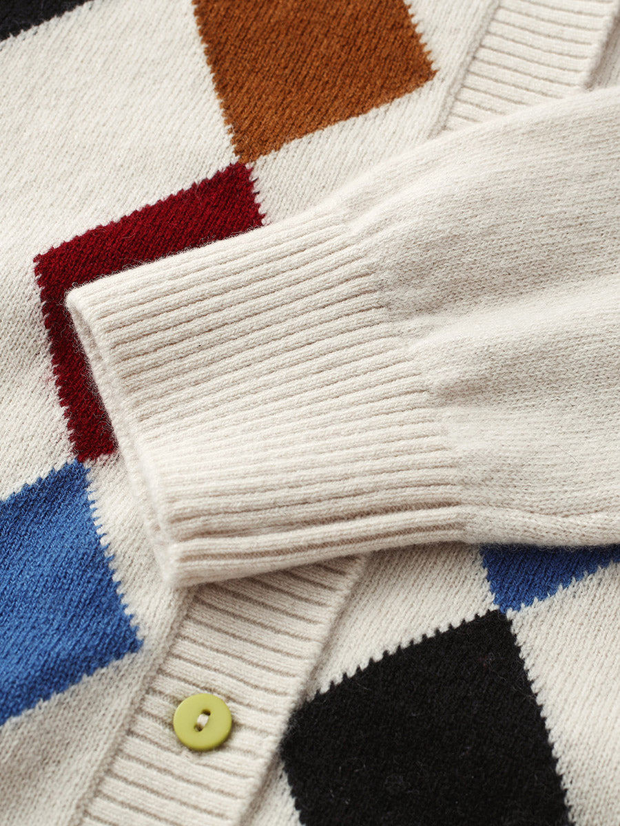 COMOBOCA 100% Wool Kids' Colorful Buttons Argyle Cardigan