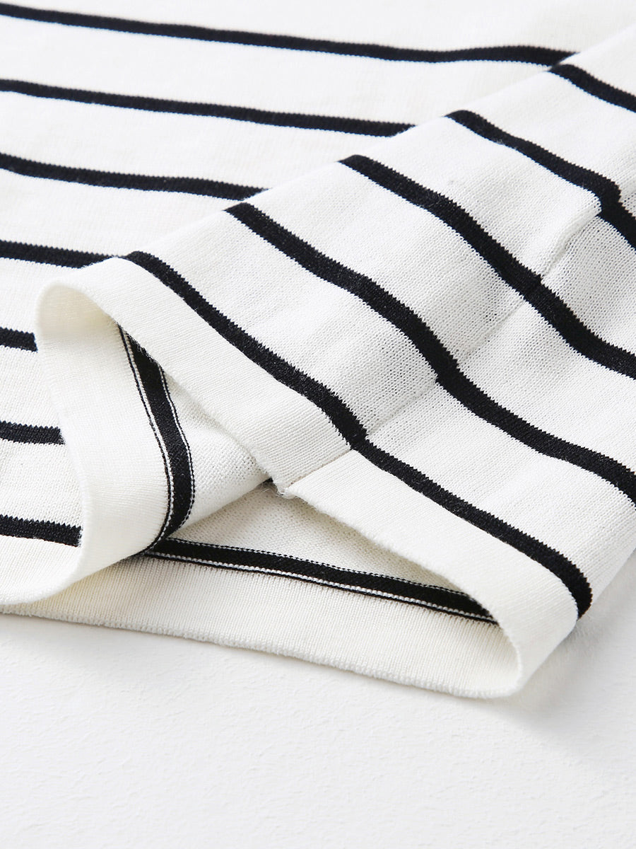 COMOBOCA Women's Cotton Silk Striped Smiley Patch T-Shirt Knit Sweater