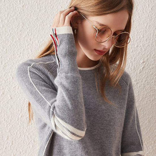 COMOBOCA 100% Cashmere Women's Striped Sleeve Round Neck Sweater