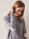 COMOBOCA 100% Cashmere Women's Striped Sleeve Round Neck Sweater