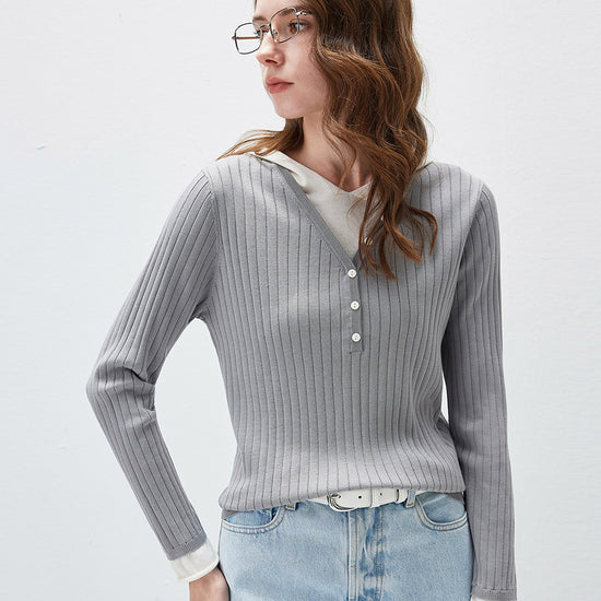 COMOBOCA Women's Layered Ribbed Knit Hooded Henley Top