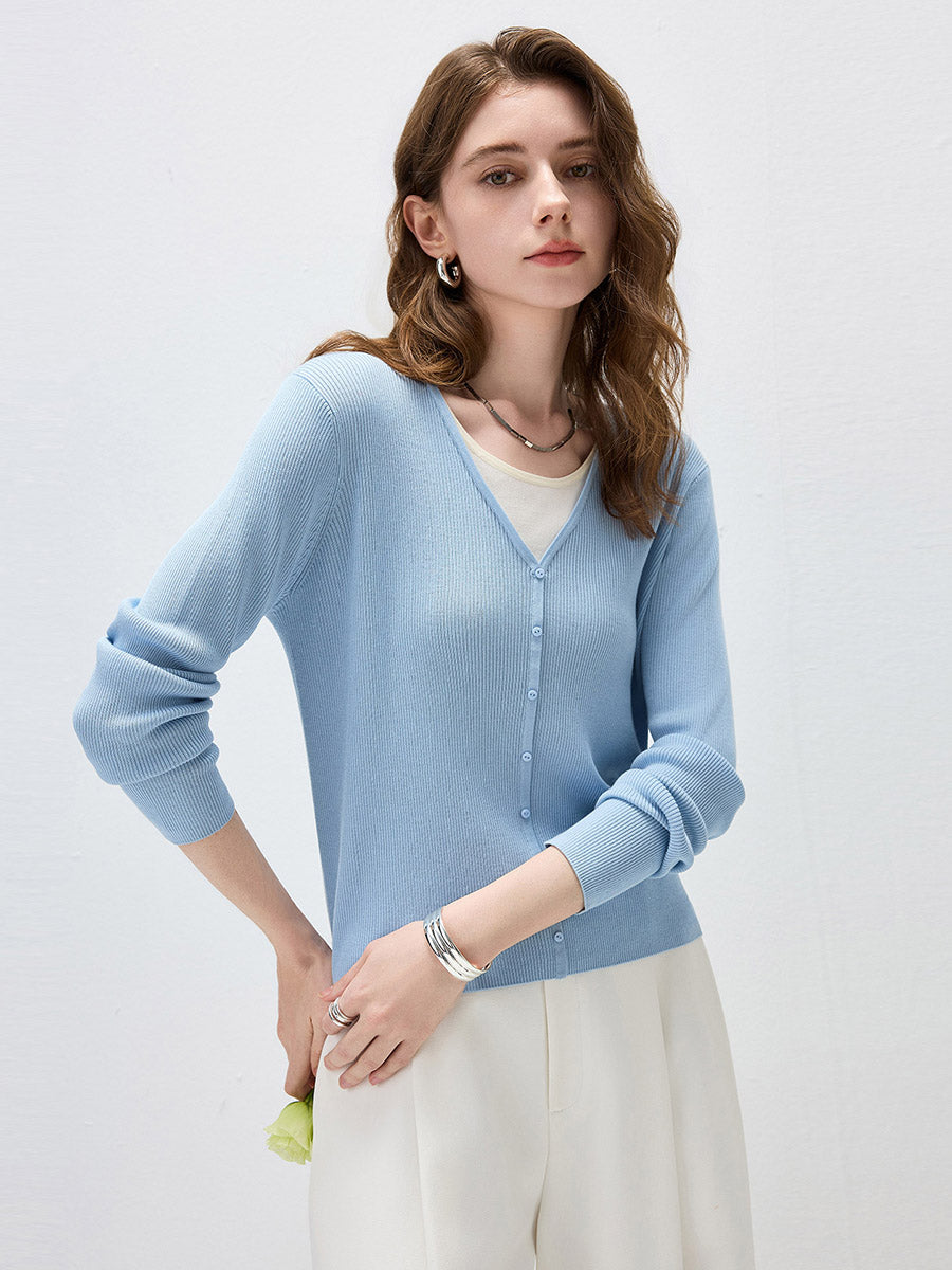 COMOBOCA Women's Ribbed Knit V-Neck Faux Cardigan