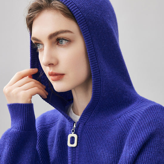 COMOBOCA 100% Cashmere Women's Ribbed Half Zip Knit Hoodie