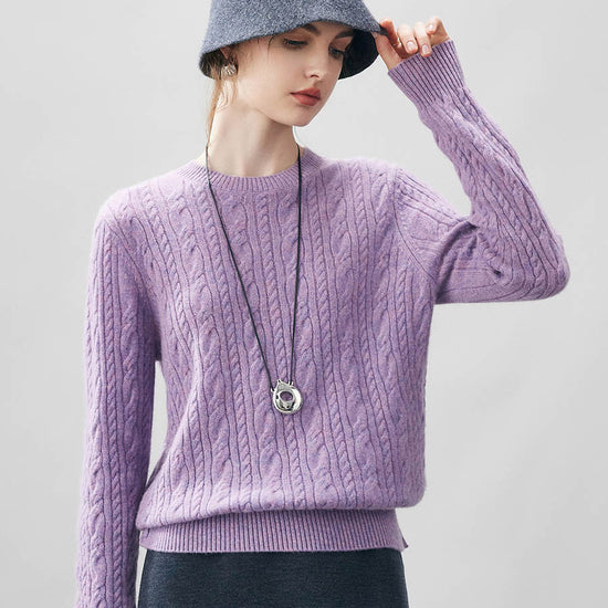 COMOBOCA Purple 100% Cashmere Women's Cable Round Neck Knit Sweater