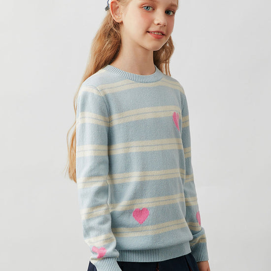 COMOBOCA 100% Wool Kids' Striped Heart Round Neck Sweater