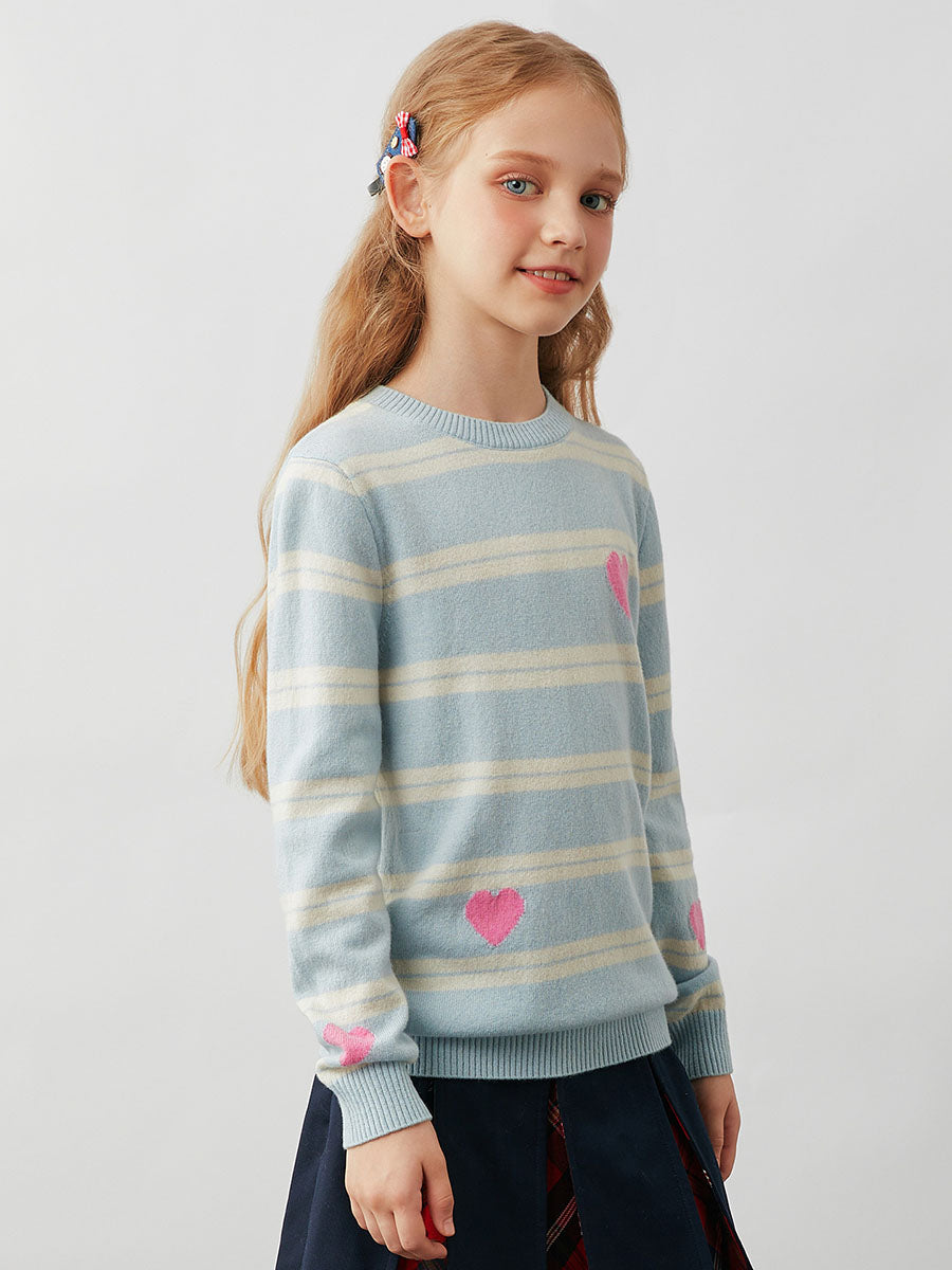 COMOBOCA 100% Wool Kids' Striped Heart Round Neck Sweater