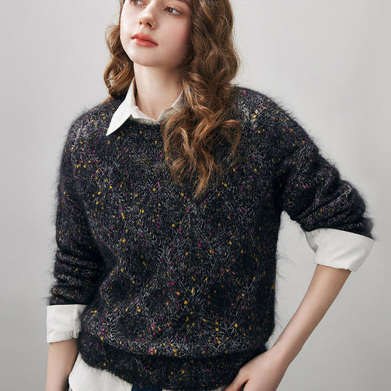 COMOBOCA Women's Speckled Lace Knit Round Neck Sweater
