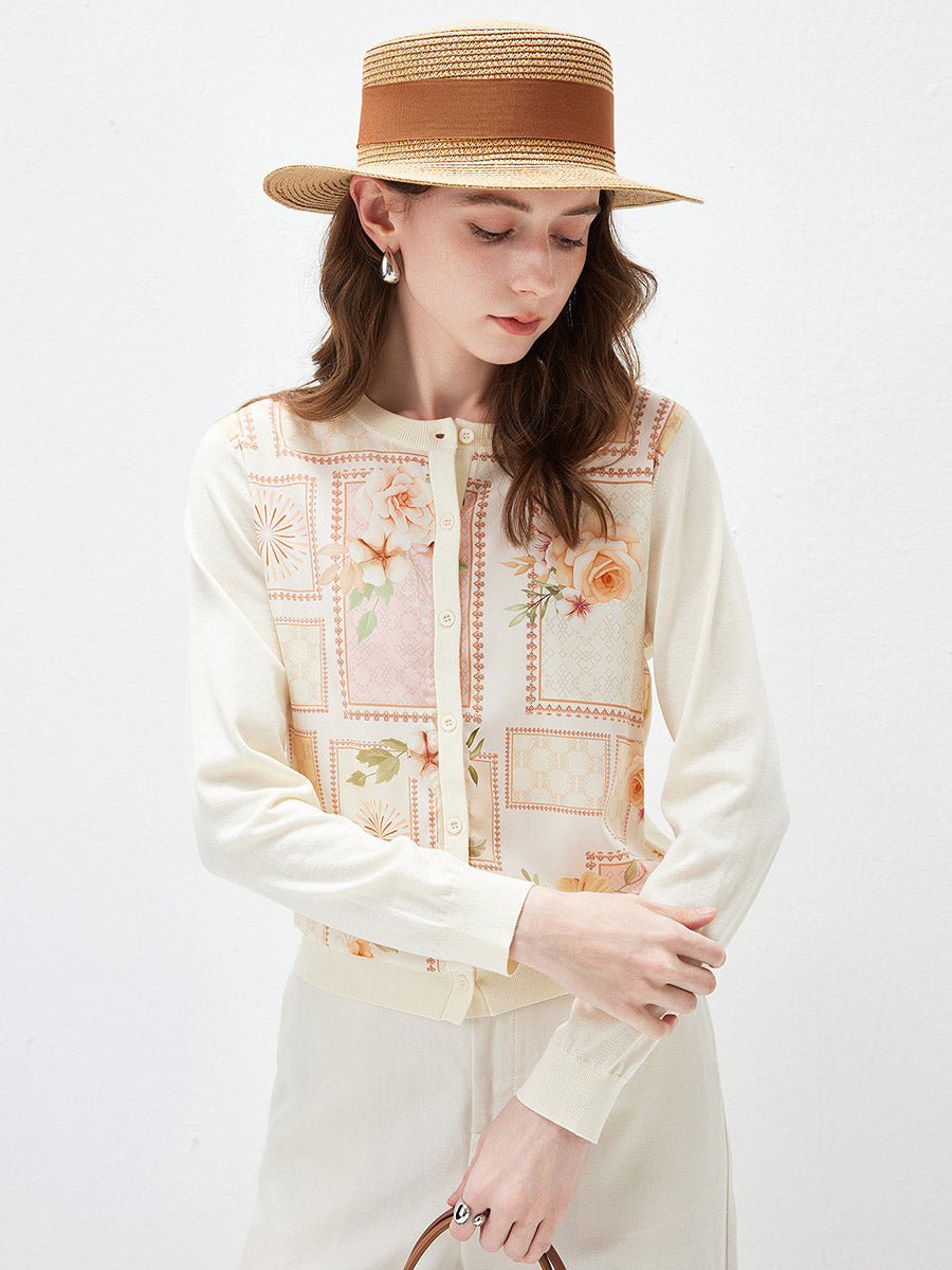 COMOBOCA Women's Printed Panel Knit Cardigan