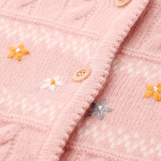 COMOBOCA 100% Wool Kid's Floral Embroidered Cable Knit Cardigan