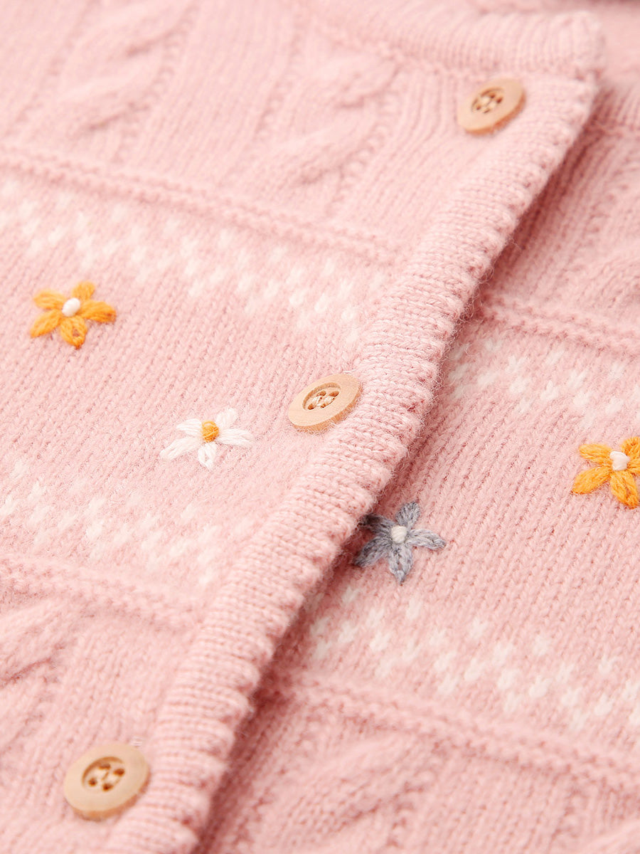 COMOBOCA 100% Wool Kid's Floral Embroidered Cable Knit Cardigan