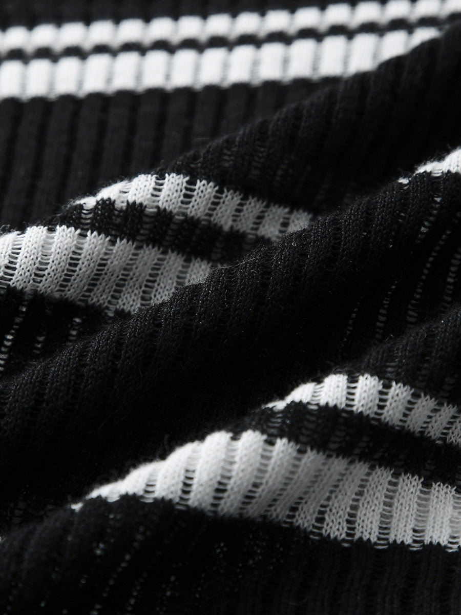 COMOBOCA Women's Striped Ribbed Round Neck Sweater