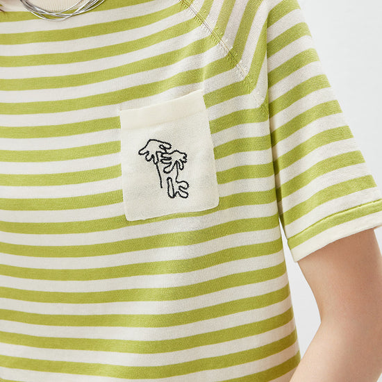 COMOBOCA Women's Striped Embroidered Pocket Knit T-Shirt