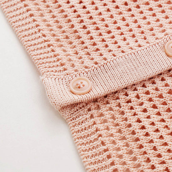 COMOBOCA Women's Openwork Mesh Knit Button Front Top