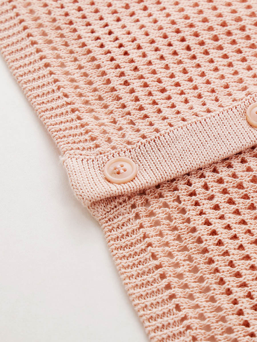 COMOBOCA Women's Openwork Mesh Knit Button Front Top