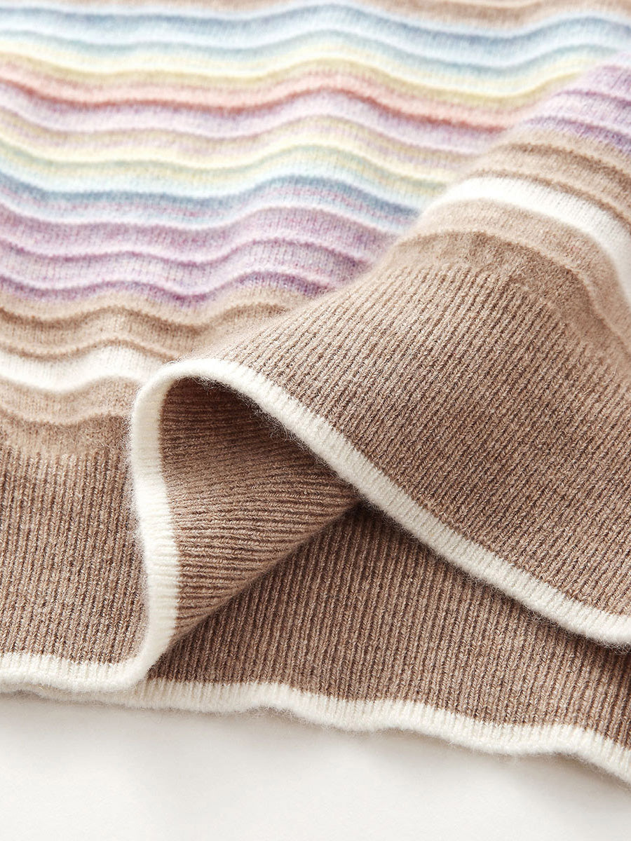 COMOBOCA 100% Cashmere Women's Rainbow Striped Round Neck Sweater