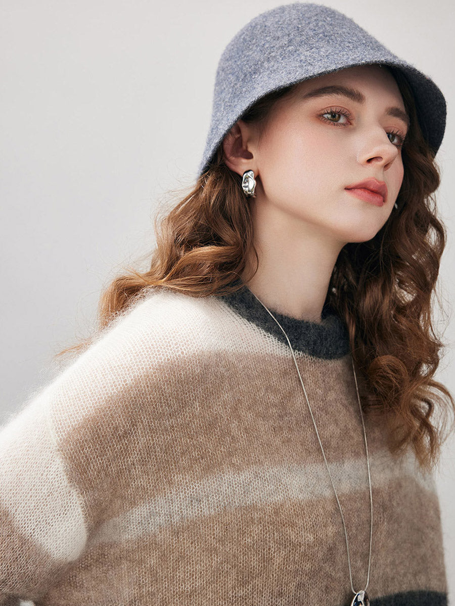 COMOBOCA Women's Mohair Striped Round Neck Sweater