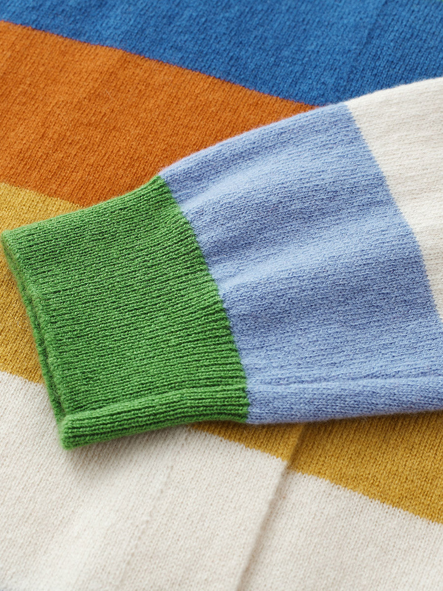 COMOBOCA 100% Wool Kids' Colorful Striped Round Neck Cardigan