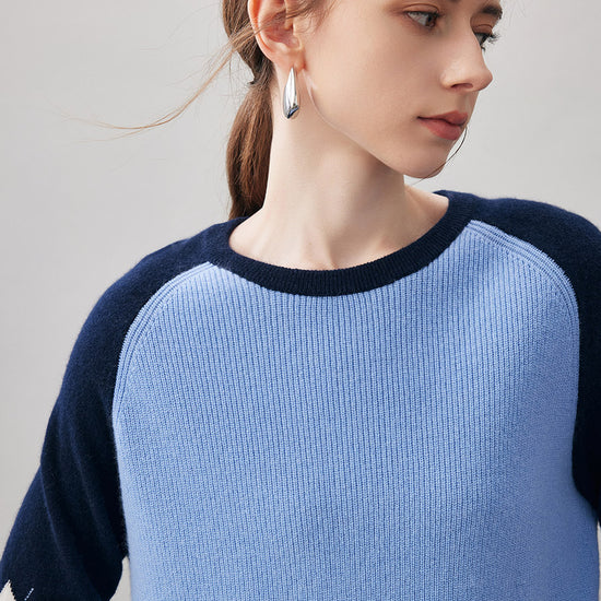 COMOBOCA 100% Cashmere Women's Color Block Round Neck Sweater