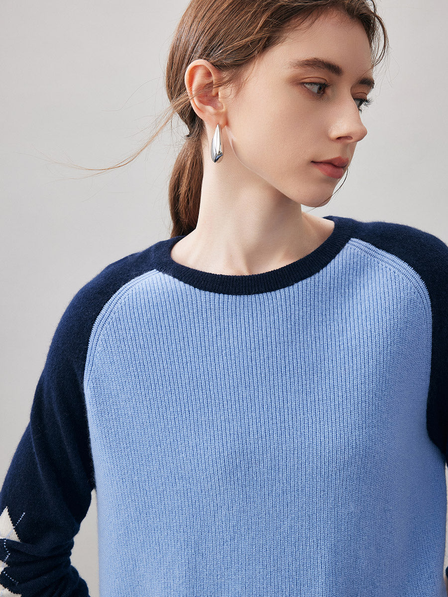 COMOBOCA 100% Cashmere Women's Color Block Round Neck Sweater