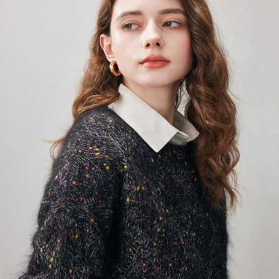 COMOBOCA Women's Speckled Lace Knit Round Neck Sweater