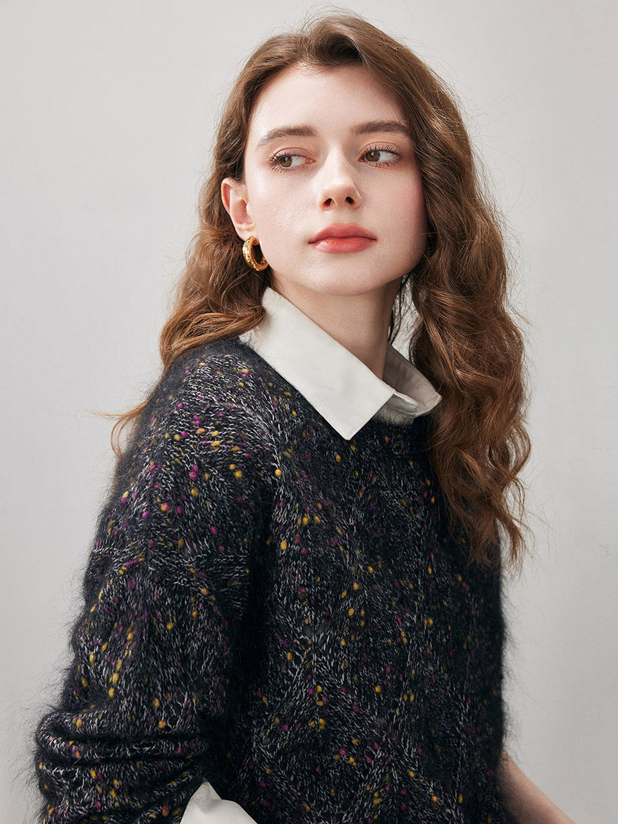 COMOBOCA Women's Speckled Lace Knit Round Neck Sweater