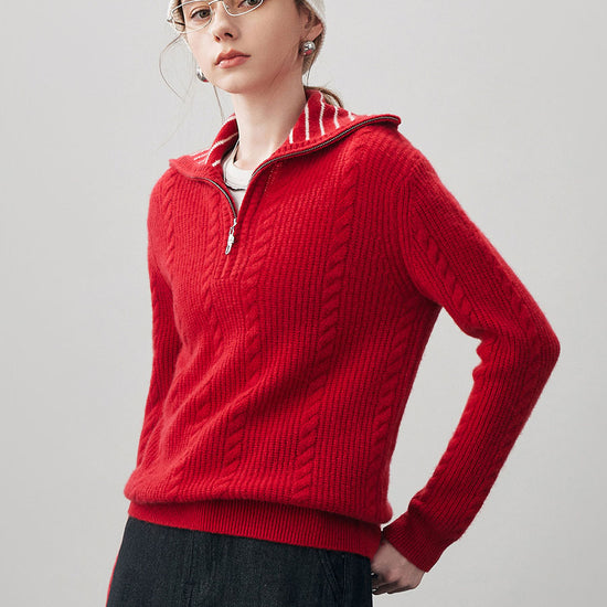 COMOBOCA 100% Cashmere Women's Cable Half Zip Striped Collar Sweater